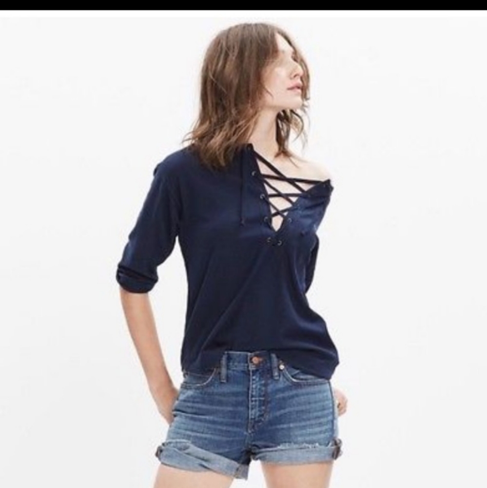 Women's Madewell navy 3/4 length sleeve zip-up top
